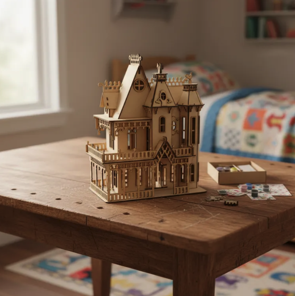 Casa Victoriana Gótica MDF Armable | Escalera Interior | 30x37cm | Miniatura Decorativa | Dollhouse