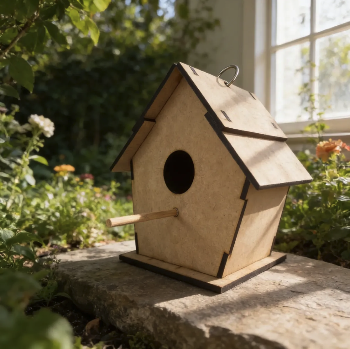 Pajarera Decorativa MDF Armable | Casa para Pájaros con Argolla y Percha | Corte Láser | Para Pintar o Decorar