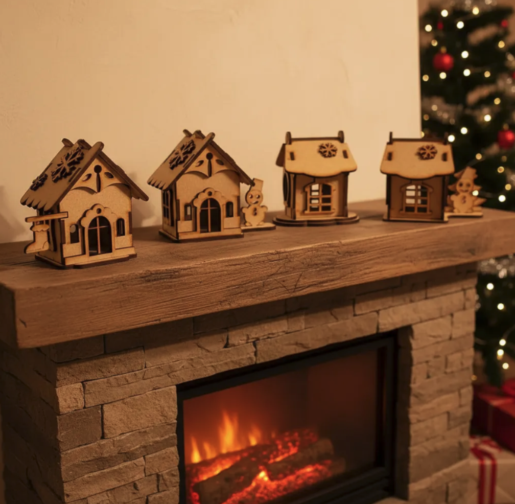 Casita Navideña MDF Miniatura Decorativa | Set Pueblito Navidad Corte Láser | Adorno Mesa Árbol Nacimiento | 4 Diseños Distintos