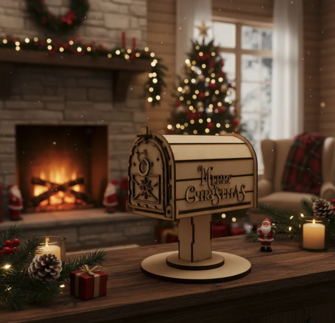 Buzón Navideño Decorativo MDF Merry Christmas Con Base