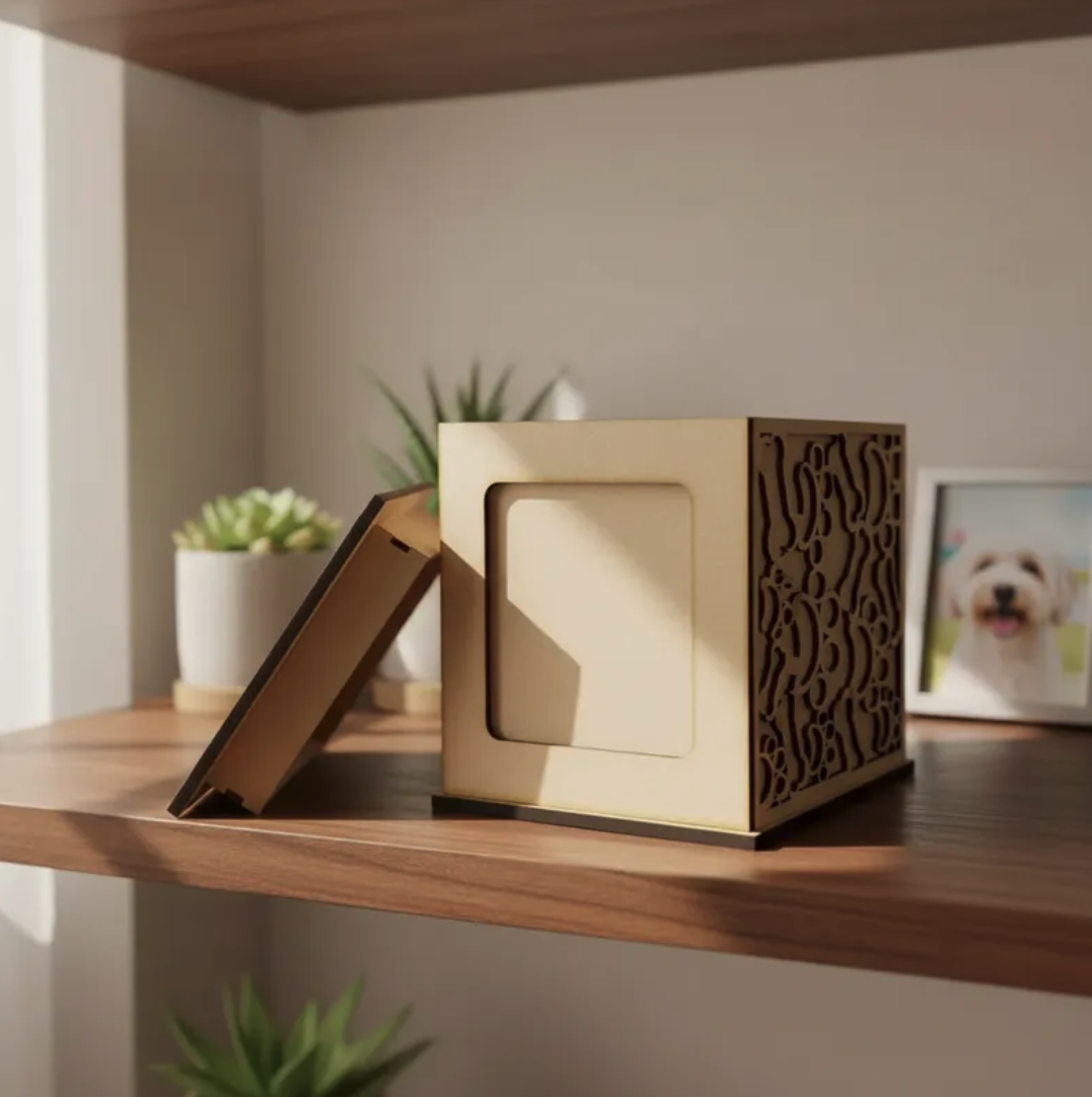 Urna para Cenizas de Mascota MDF | Caja Memorial con Portarretrato | Perro Gato | Recuerdo Eterno